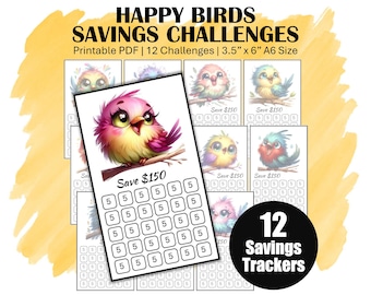 Low Income Savings Challenge Trackers, Printable A6 Mini Money Saving Challenge Bundle, Save 1800 With 12 Cute Happy Birds Saving Trackers