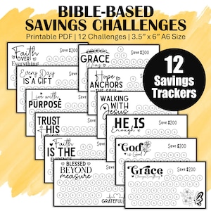 Mini Savings Challenge Trackers, Printable A6 Sized Savings Challenges to Save 2400, 12 Money Saving Challenges, Bible Faith-Based, PDF