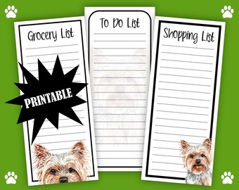 Yorkie Printable Grocery, Shopping and To Do List Set. Stay organized with cute watercolor dog image printable lists.