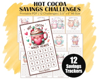 Low Income Savings Challenge Trackers, Printable A6 Mini Money Saving Challenge Bundle, Save 1200 With 12 Cute Hot Cocoa Saving Trackers