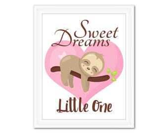 Sweet Dreams Little One Nursery Wall Art, Pink Sleepy Sloth Theme. Colorful printable girl's bedroom art decor. 8X10 instant download.