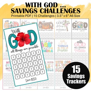 Low Income Savings Challenge Trackers, Printable A6 Mini Savings Trackers - With God All Things Are Possible, 15 Challenges Save 150 Each
