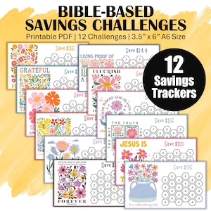 Faith Savings Challenge Trackers, Low Income Printable A6 Mini Saving Challenges to Save 1072, 12 Christian Savings Trackers, Boho Flowers