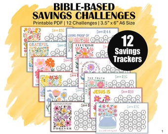 Faith Savings Challenge Trackers, Low Income Printable A6 Mini Saving Challenges to Save 1072, 12 Christian Savings Trackers, Boho Flowers