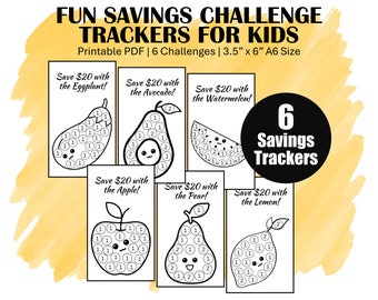 Kids Savings Challenge, Printable A6 Mini Savings Challenge Bundle, Fruit and Vegetable Money Saving Trackers for Children to Color and Save