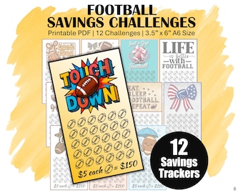 Low Income Savings Challenge Trackers, Printable A6 Mini Money Saving Challenge Bundle, Save 1800 With 12 Football-Themed Saving Trackers