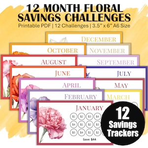 Low Income Monthly Savings Challenge Trackers, Money Saving Challenge Bundle, A6 Mini Savings Challenge Printable, 12 Floral Saving Trackers