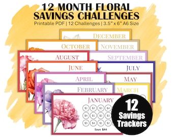 Low Income Monthly Savings Challenge Trackers, Money Saving Challenge Bundle, A6 Mini Savings Challenge Printable, 12 Floral Saving Trackers