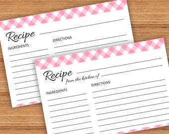 Pink Gingham Recipe Cards, Printable Two Sizes 6x4 7x5, One-Sided Two-Sided, Back Card and From the Kitchen Of Options, DIY Digital PDF PNG