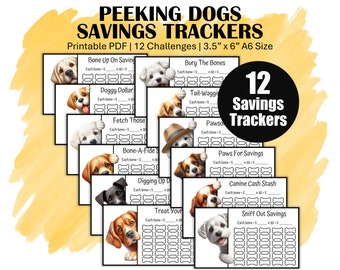Mini Savings Challenge Trackers, Printable A6 Sized Savings Challenges, You Choose Amount, Money Saving Challenge Bundle, 12 Peeking Dogs
