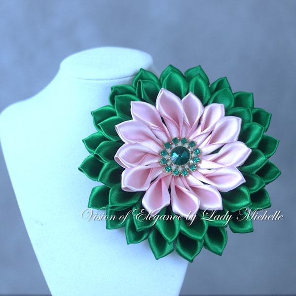 Pink and Green Flower Pin / Shoulder Brooch / Satin Pin / Satin Flower / Gift for First Lady / Formal Accessories