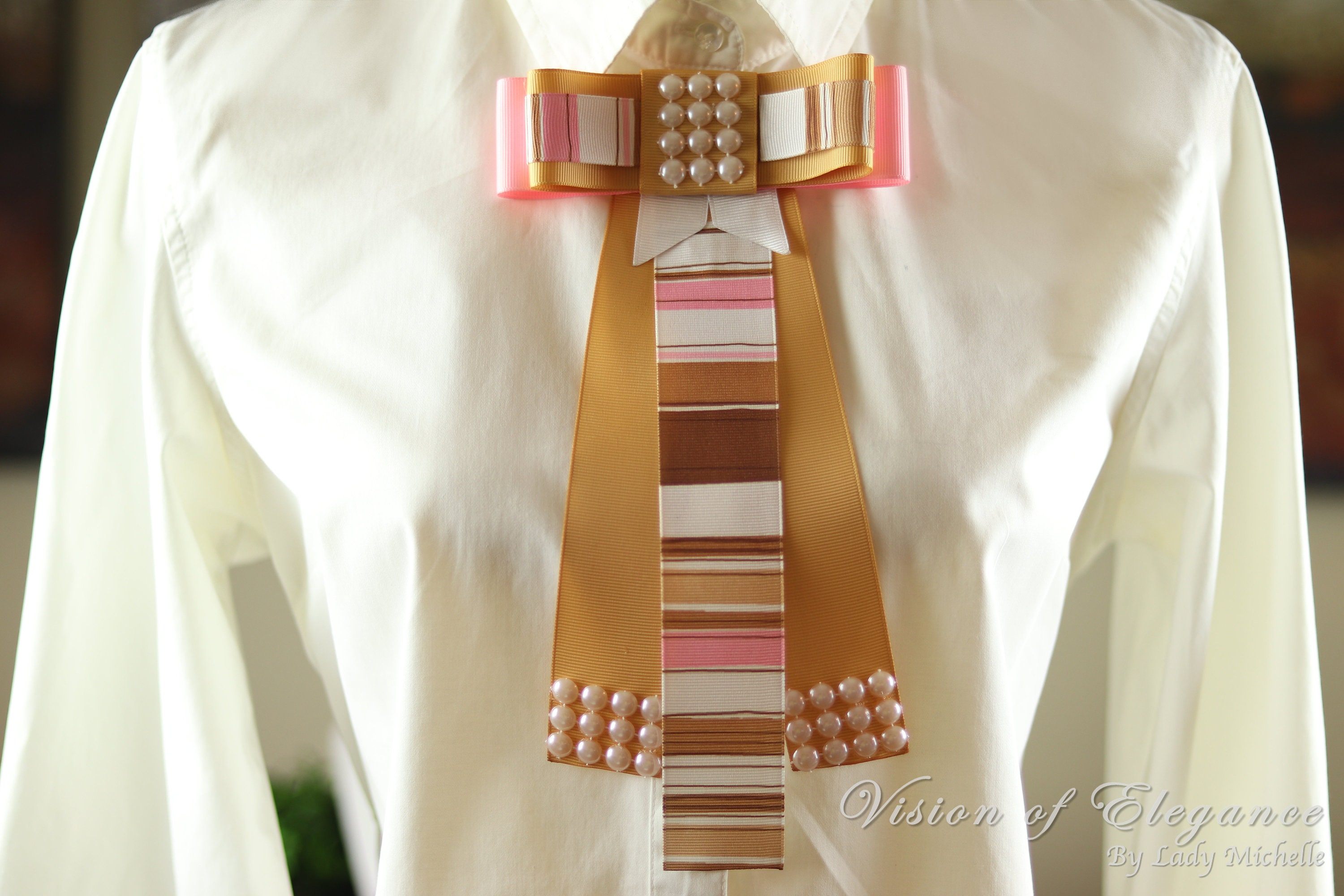Bow Tie Brooch for Women - Women's Fashion Accessory - Pink and Gold Bow Pin - Gift for First Lady