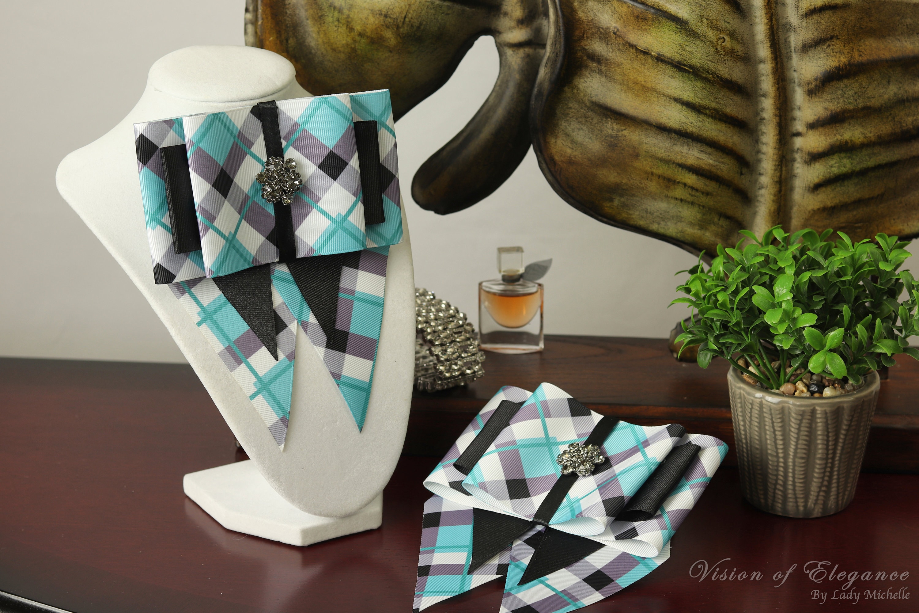 Plaid Bowtie Brooch: Aqua Blue Bow Tie Pin With Jeweled 