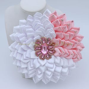 Large Satin Flower Brooch: Pink and White with Rhinestones Shoulder Pin