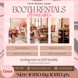 May include: Pink and brown promotional graphic for booth rentals. The image features salon interiors with pink chairs and mirrors. Text includes "Booth Rentals Available," and services for hair stylists, makeup artists, nail technicians, and lash technicians.