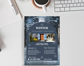 Modello Canva per volantino per servizio di pulizia invernale / Volantino marketing stampabile modificabile per attività di pulizia / Volantino promozionale per le festività