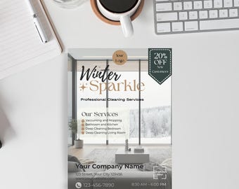 Modello Canva per volantino per servizio di pulizia invernale / Volantino marketing stampabile modificabile per attività di pulizia / Volantino promozionale per le festività