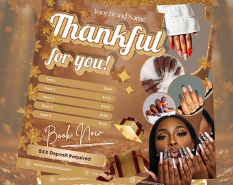 Volantino per unghie del Ringraziamento di novembre per Nail Tech / Volantino per prenotazione nail art del Ringraziamento / Dimensioni modello 1080 x 1080 px / Modificabile su Canva
