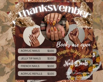 Volantino speciale per unghie di novembre / Volantino per unghie autunnali per onicotecnici / Prenotazioni unghie per il Ringraziamento / 1080 x 1080 px / Canva modificabile