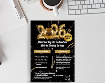 Volantino per attività di pulizia di Capodanno / Modello modificabile e stampabile 2026 per attività di pulizia / Promozione stagionale / Canva