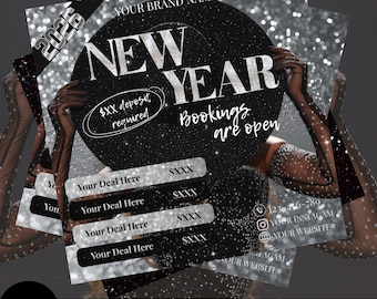 Volantino per le prenotazioni di gennaio per il nuovo anno / Volantino per le offerte delle festività / Modello di prenotazione per capelli, trecce, ciglia, unghie, trucco / Prenotazioni di gennaio 2026 / Canva