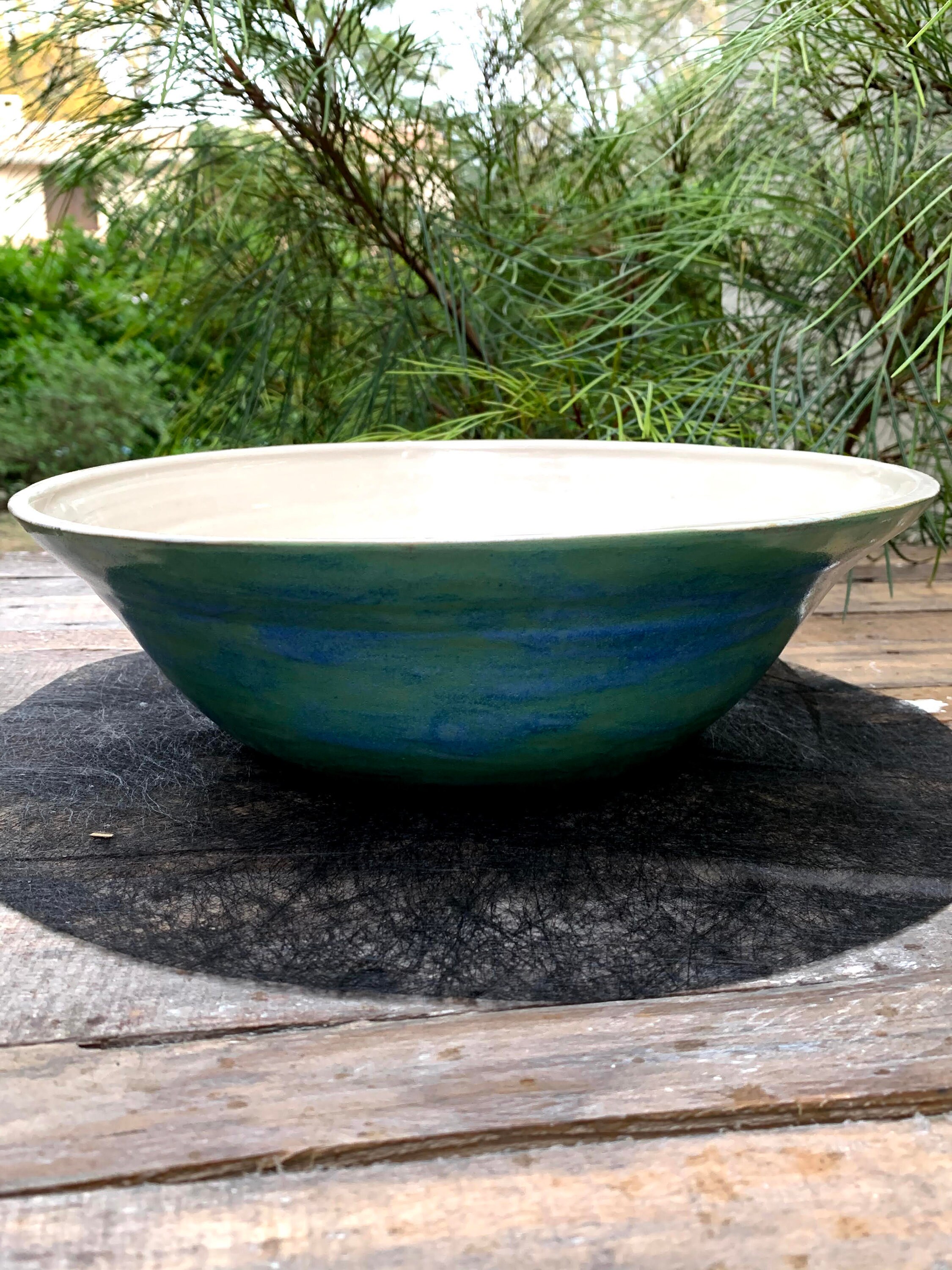 Grand Saladier en Grès Blanc Émaillé Bleu-Vert