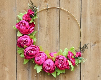 Hot Pink Peony Wreath, Peony Wreath, Pink Peony Wreath, Spring Summer Hoop Wreath