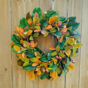 Fall Magnolia Wreath, Fall Farmhouse Wreath, Autumn Wreath, Fall Front Porch Wreath No Bow