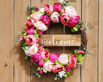 Personalized Wreath, Pink Peony Wreath, Spring Peony Wreath,  Peony Wreath for Front Door