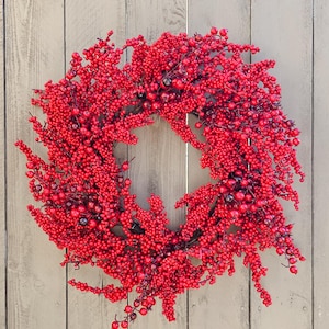 Winter Red Berry Holly Wreath for Front Doors - Artificial Large Berry Wreath for New Years, Holiday and Christmas Decoration