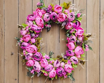 Pink Peony Wreath, Purple Spring Wreath, Pink Wreath, Peony Wreath for Front Door, Spring Summer Wreath, Seasonal Wreath, Purple Boho Wreath