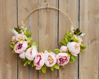 Peony Hoop Wreath, Pink Hoop Wreath, Hoop Wreath for Spring, Hoop Decor