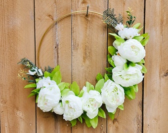 White Wreath, White Peony Wreath for Front Door, Hoop Wreath, Spring Summer Wreath