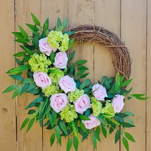 Rose and Hydrangea Wreath – Floral Grapevine Wreath for Front Door – Spring and Summer Wreath – Garden Style Door Decor – Everyday Wreath