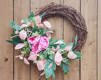 Pink Peony Wreath, Spring Peony Wreath, Pink Modern Wreath, Eucalyptus Wreath, Pink Spring Wreath, Peony Wreath