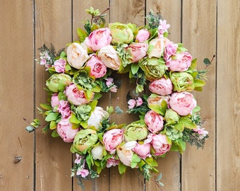 Pink and Green Peony Wreath, Spring Peony Wreath, Pink Spring Wreath, Peony Wreath for Front Door, Spring Summer Wreath, Pink and Green