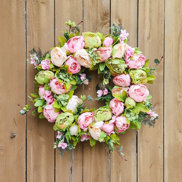 Pink and Green Peony Wreath, Spring Peony Wreath, Pink Spring Wreath, Peony Wreath for Front Door, Spring Summer Wreath, Pink and Green