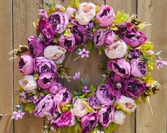 Purple Spring Wreath, Peony Wreath for Front Door, Spring Summer Wreath
