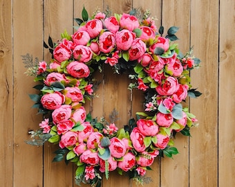 Spring Wreath for Front Door, Summer Wreath, Pink Peony Wreath, Eucalyptus Wreath, Farmhouse Decor