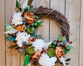 Fall Sunflower Wreath, Fall Wreath for Front Door, Neutral Fall Wreath