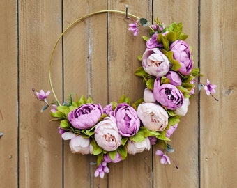 Spring Wreath for Front Door, Purple Peony Wreath, Lavender Wreath, Hoop Wreath, Peony Wreath for Front Door