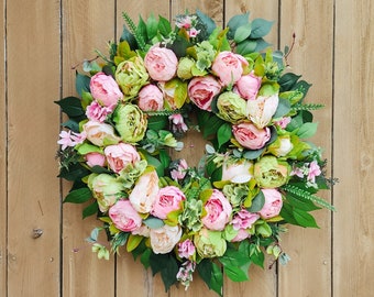 Pink Peony Wreath, Farmhouse Wreath for Front Door