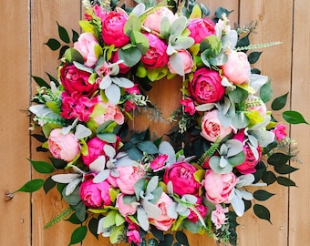 Summer Peony Wreath, Pink Wreath for Front Door, Lambs Ear Wreath