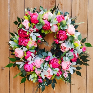 Summer Peony Wreath, Pink Wreath for Front Door, Lambs Ear Wreath image 1