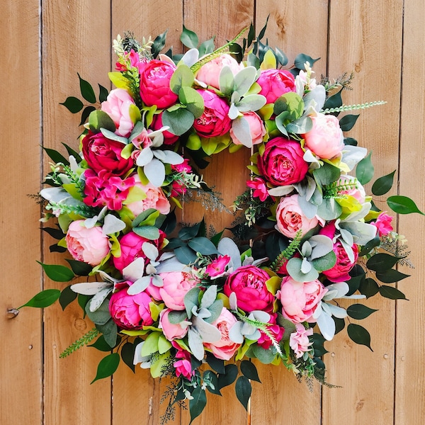 Summer Peony Wreath, Pink Wreath for Front Door, Lambs Ear Wreath