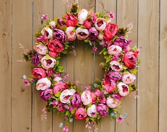 Peony Wreath for Front Door, Spring Wreath