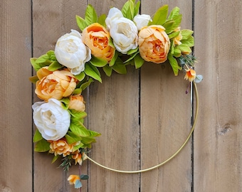 Orange Peony Wreath, Spring Peony Wreath, Orange Wreath, Modern Brass Wreath, Orange Spring Wreath, Peony Wreath