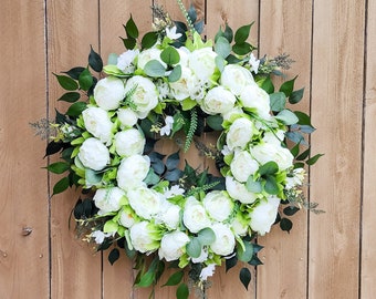 White Peony Wreath, Wedding Wreath, Spring Decor, Summer Wreath for Front Door