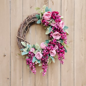 Wisteria Wreath, Cabbage Rose Wreath, Berry-Tone Wreath for Spring Summer, Rose Wreath, Gift for Her, Gift for Mom