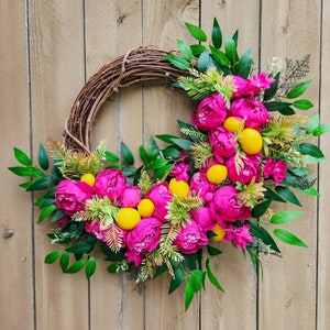 Hot Pink Peony Wreath for Summer, Lemon Wreath, Tropical Wreath image 1